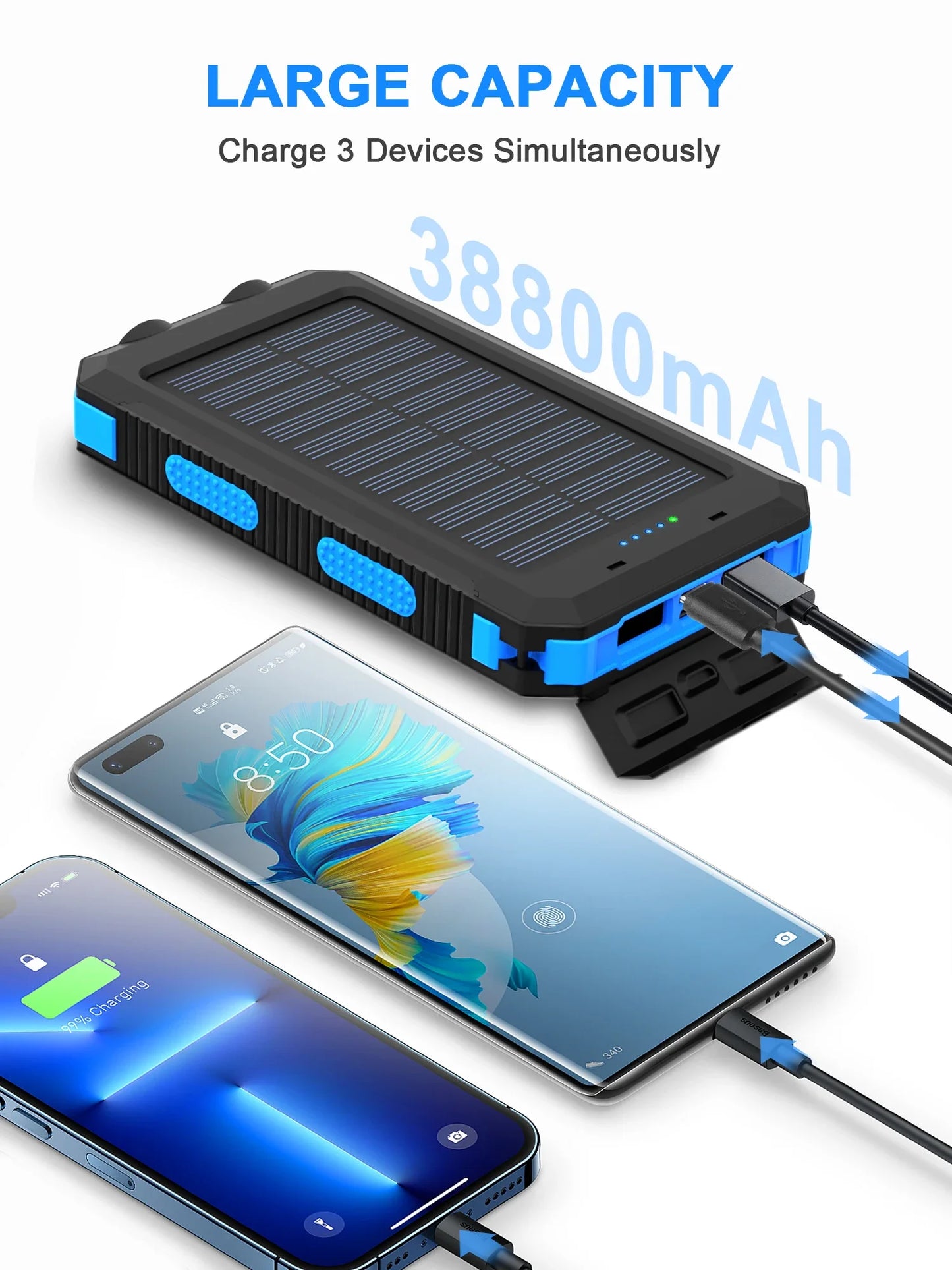 Solar power bank 50000mAh with built-in cable, lightweight and large capacity universal mobile power supply for mobile phones