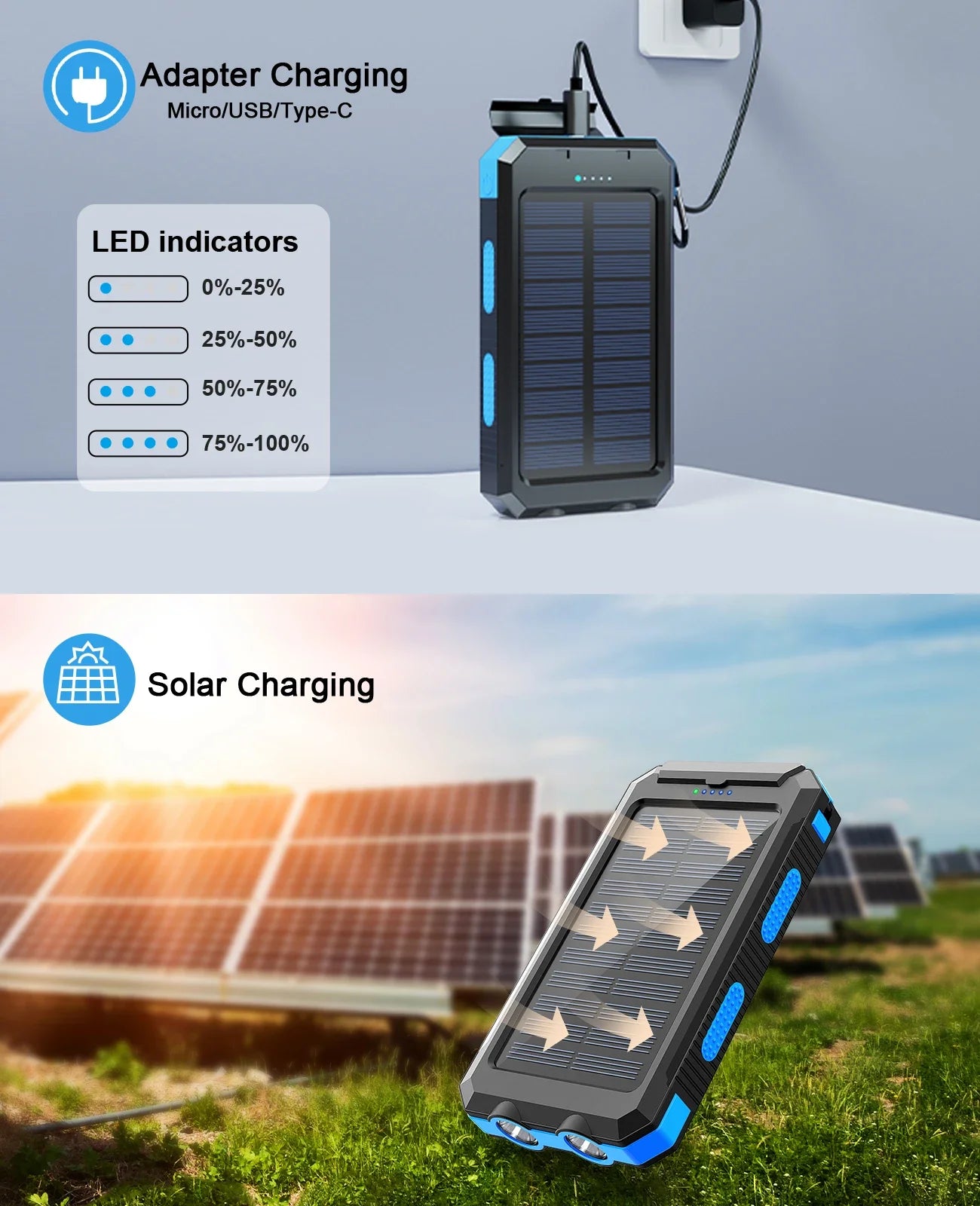 Solar power bank 50000mAh with built-in cable, lightweight and large capacity universal mobile power supply for mobile phones